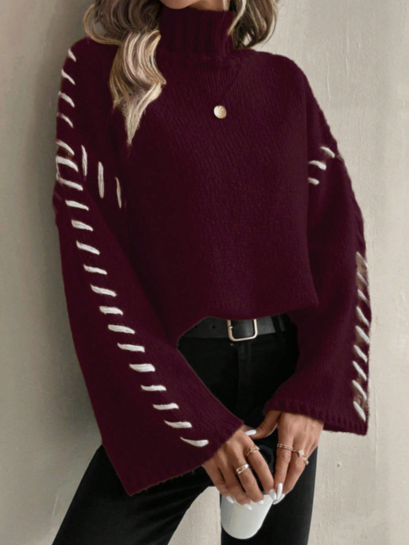 TrendAura | Women's Patchwork Knit Sweater with Contrasting Colors and Turtleneck