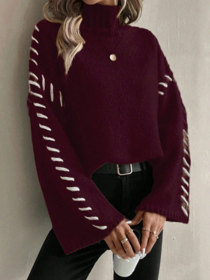 TrendAura | Women's Patchwork Knit Sweater with Contrasting Colors and Turtleneck