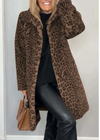Leopard Print Faux Fur Coat Mid Length Soft Wool Feel Fabric With Spandex For Women Chic Cozy