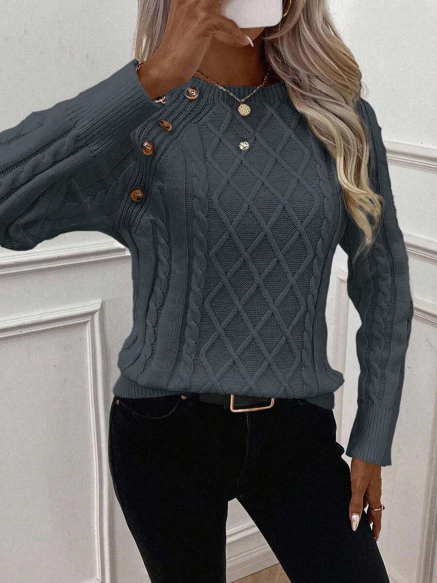 Women's Cable Knit Jumper with Button Details and Cozy Design