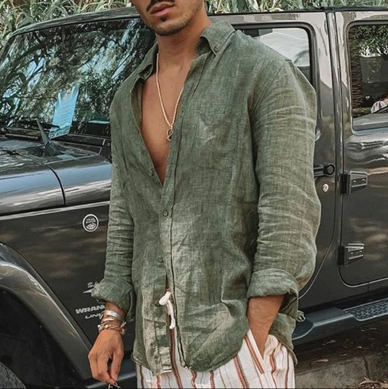 Men's Cotton Linen Long Sleeve Shirt Relaxed Fit With Button Closure For Casual Summer Wear