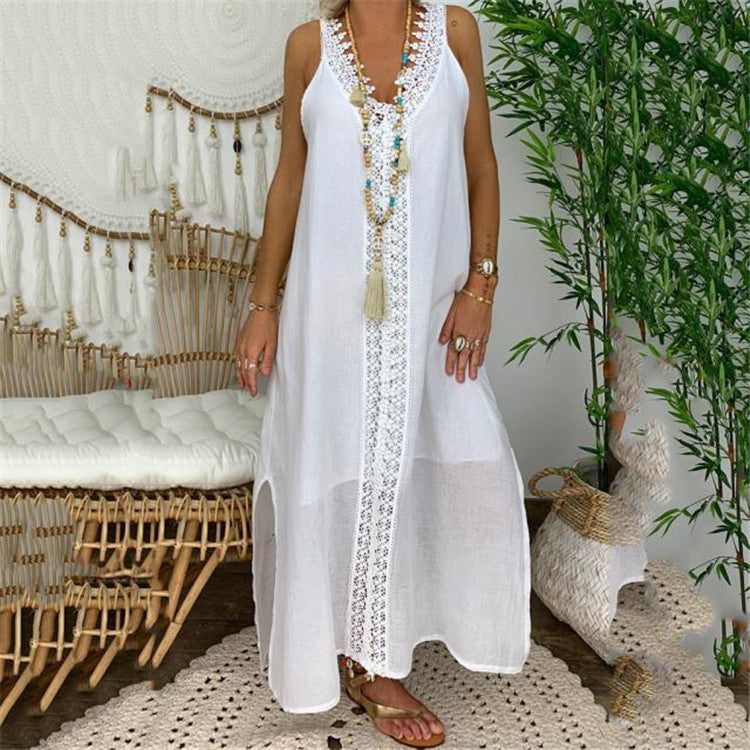Women’s Maxi Dress – Relaxed Fit – Lace Trim – Breathable Cotton – Side Slits