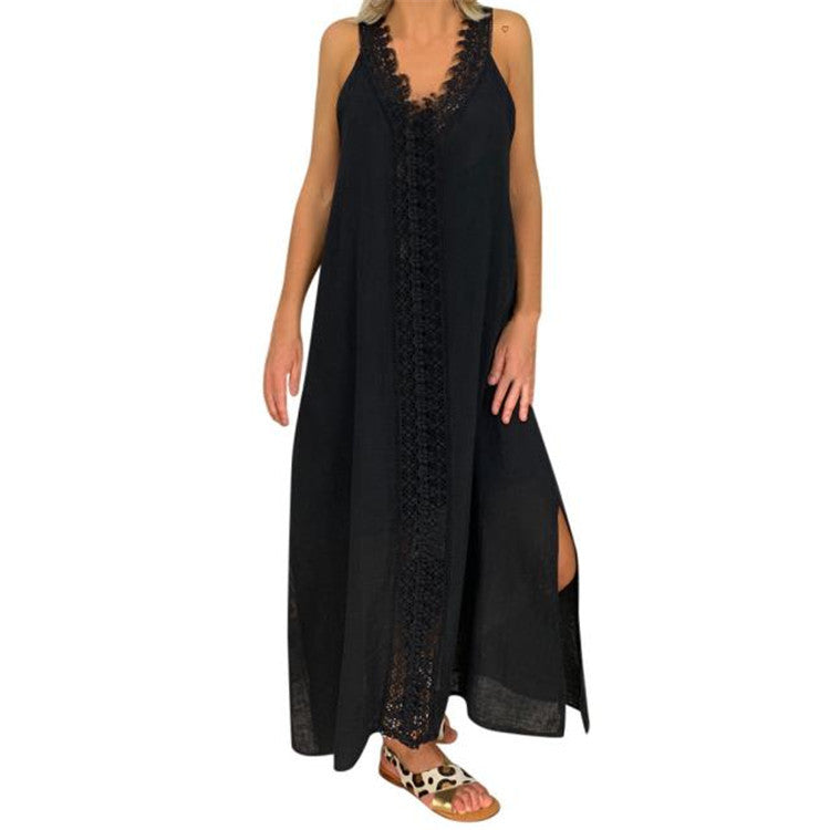 Women’s Maxi Dress – Relaxed Fit – Lace Trim – Breathable Cotton – Side Slits