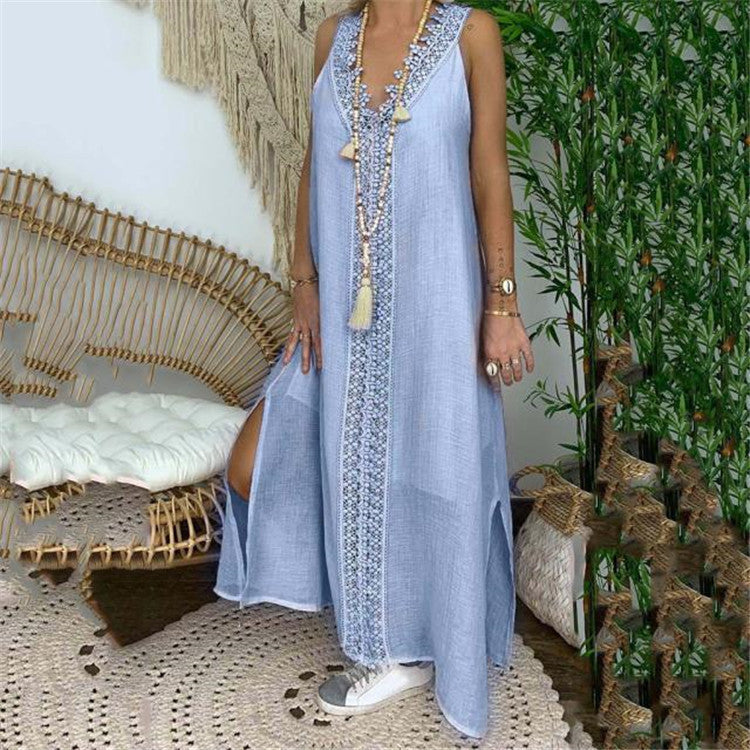 Women’s Maxi Dress – Relaxed Fit – Lace Trim – Breathable Cotton – Side Slits