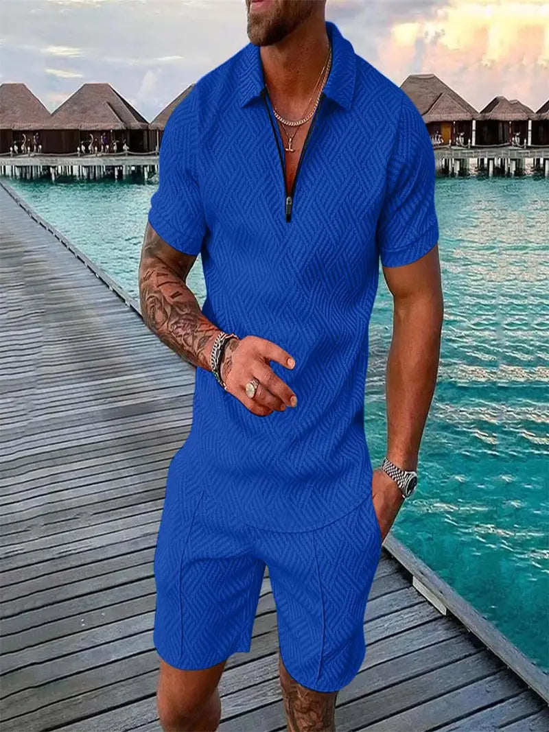Mens Textured Zipper Polo Set Shirt And Shorts For Beach Or Lounge Bold Modern Comfort