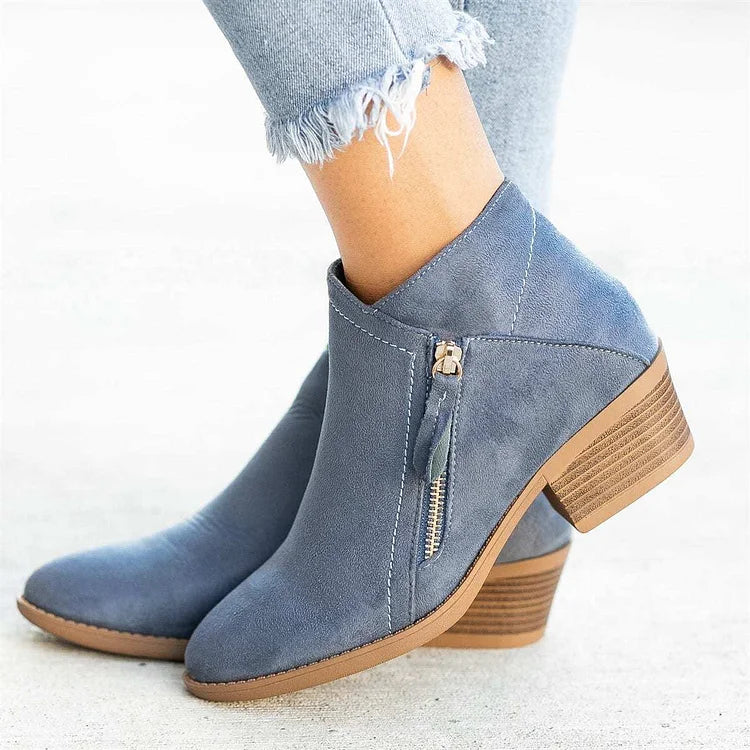 Natrio Women's Suede Side-Zipper Ankle Boots With Pointed Toe And Square Heel For Modern Chic