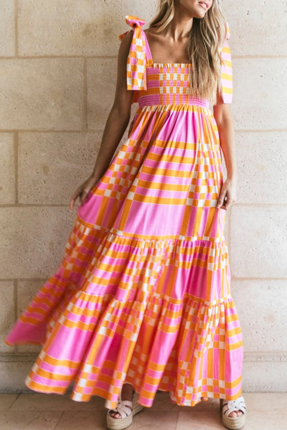 Dress for Women – Maxi Length – A-line Fit – Bow Straps – Checkered Pattern