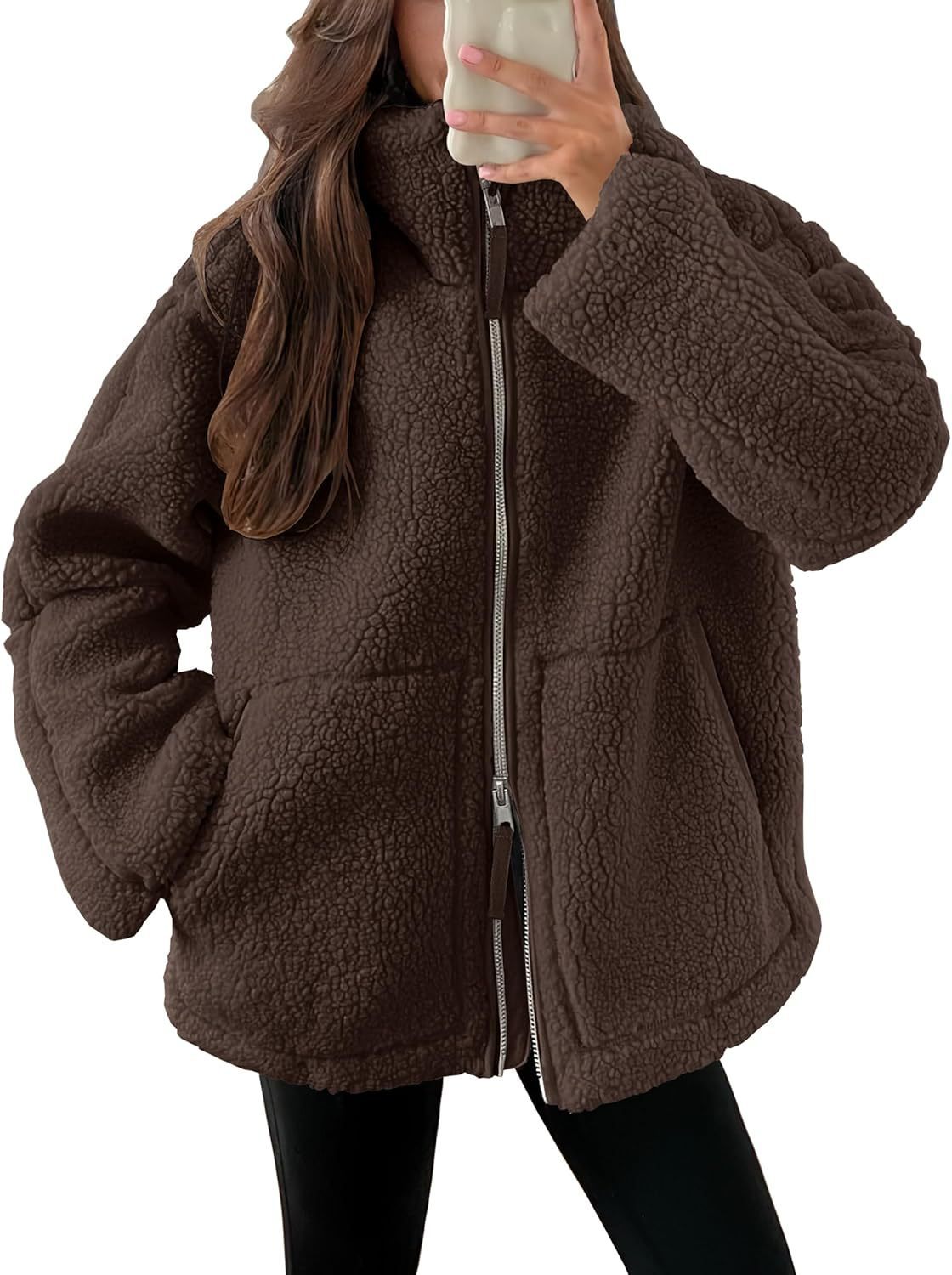 TrendAura Wool Blend Zip Up Jacket For Women Cozy Warmth In Modern Fit Winter Essential