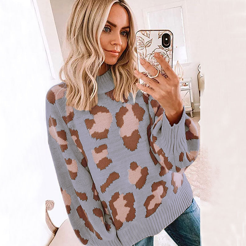 Women’s Sweater – Oversized Fit – Wool Blend Knit – Crew Neck – Leopard Print