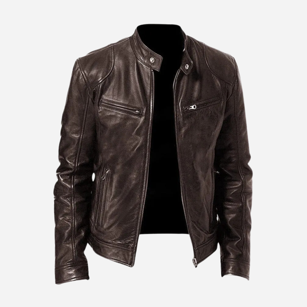 Mens Genuine Leather Biker Jacket Slim Fit With Snap Tab Collar And Zipper Closure