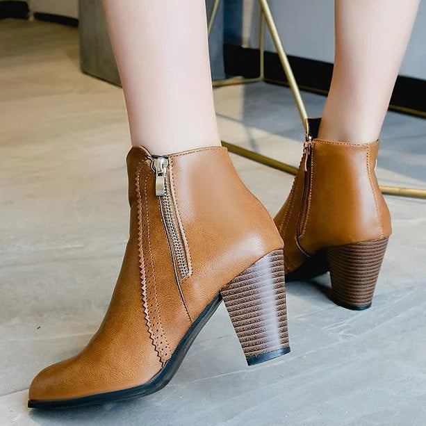 MIRENA Womens Short Boots With Plush Insole And Non Slip Sole Side Zipper Retro Thick Heel
