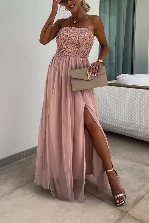 Women’s Maxi Dress – Strapless Textured Bodice – High Slit – Flowy Elegant Fit
