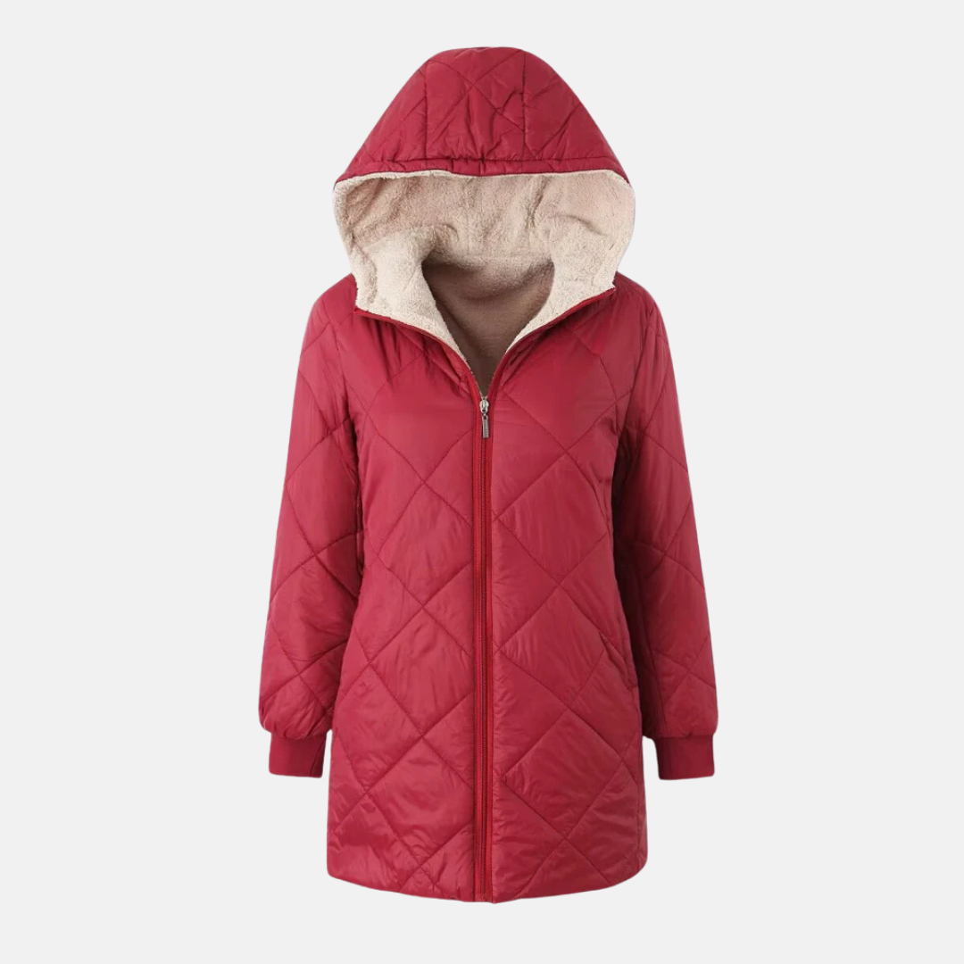 Women’s Hooded Quilted Coat – Reversible Design – Diamond Stitching – Mid-Thigh Fit