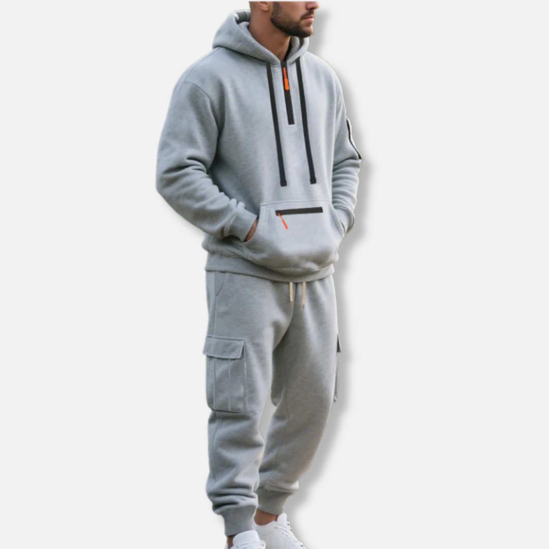 Men's Tracksuit Set With Relaxed Fit Half Zip Hoodie And Cargo Joggers With Drawstring Waist