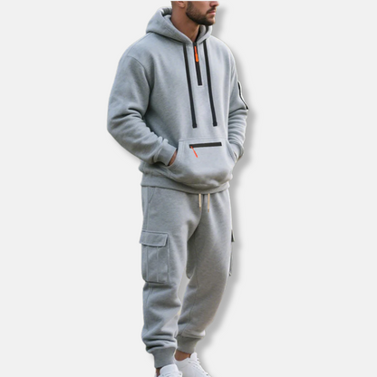 Men's Tracksuit Set With Relaxed Fit Half Zip Hoodie And Cargo Joggers With Drawstring Waist