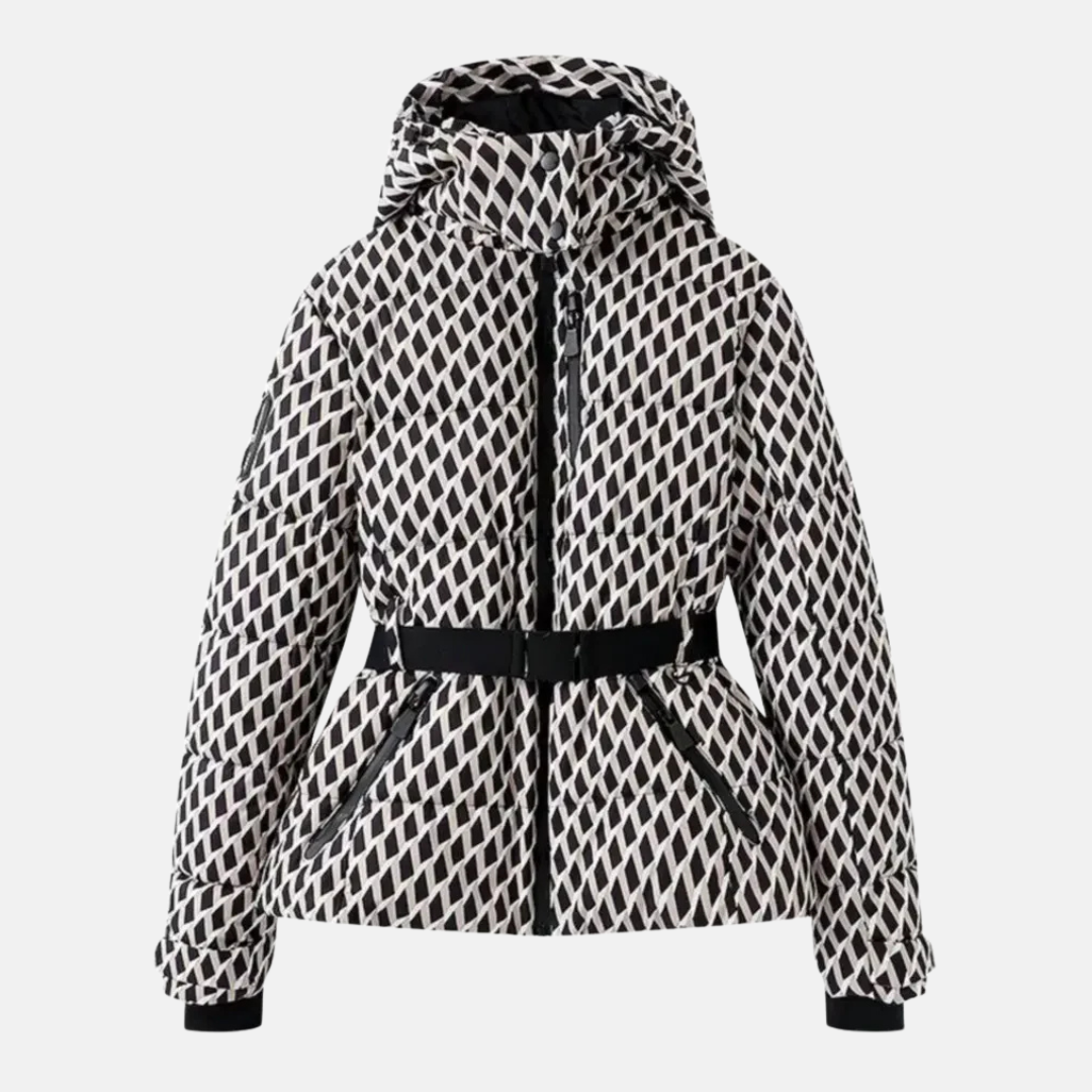 Women’s Ski Jacket – Insulated Puffer – Belted Waist – Waterproof – Hooded Zip Pockets