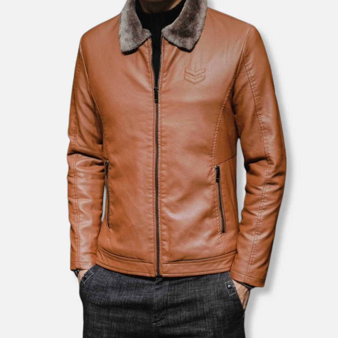 Mens Faux Leather Jacket With Turn Down Collar Full Zip Hip Length Classic Versatile Style