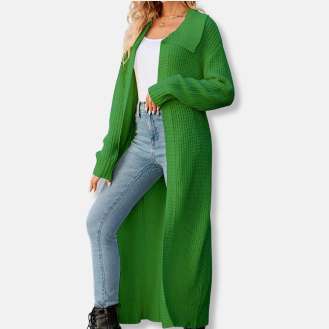 Women’s Cardigan – Wool Knit – Loose Fit – Wide Lapel – Ribbed Cuffs – Maxi Length