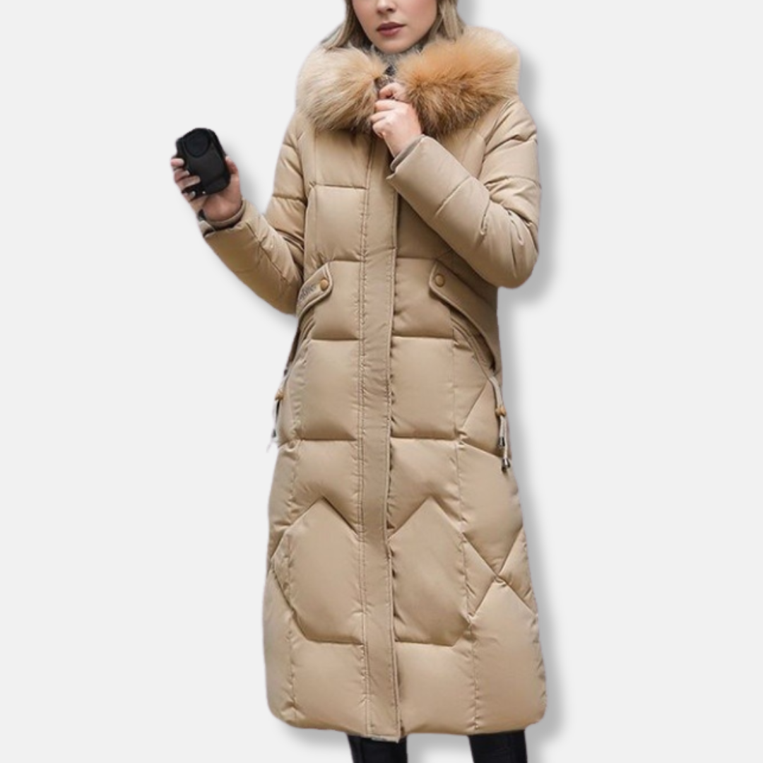 Women’s Long Padded Coat – Slim Fit – Quilted – Detachable Fur Collar – Full Length