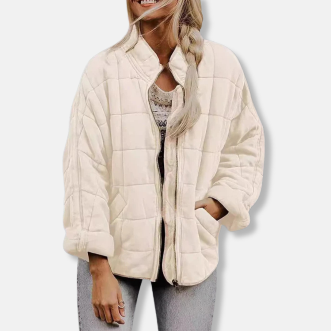 Women’s Quilted Coat – Oversized Relaxed Fit – Stand Collar – Full Zip – Hip Length