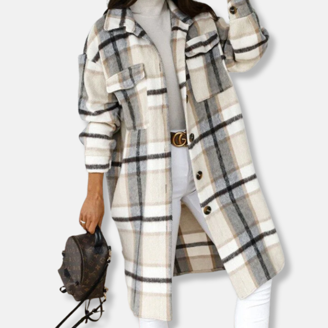 Women’s Shirt Coat - Thick Woven Fabric - Plaid Pattern - Long Sleeve - Mid-Thigh Length