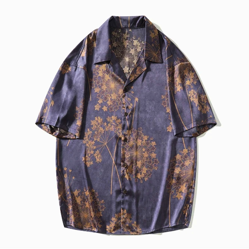 Verant Men's Short Sleeve Floral Print Shirt In Rust Brown Satin Finish Breathable All Day Comfort Machine Washable