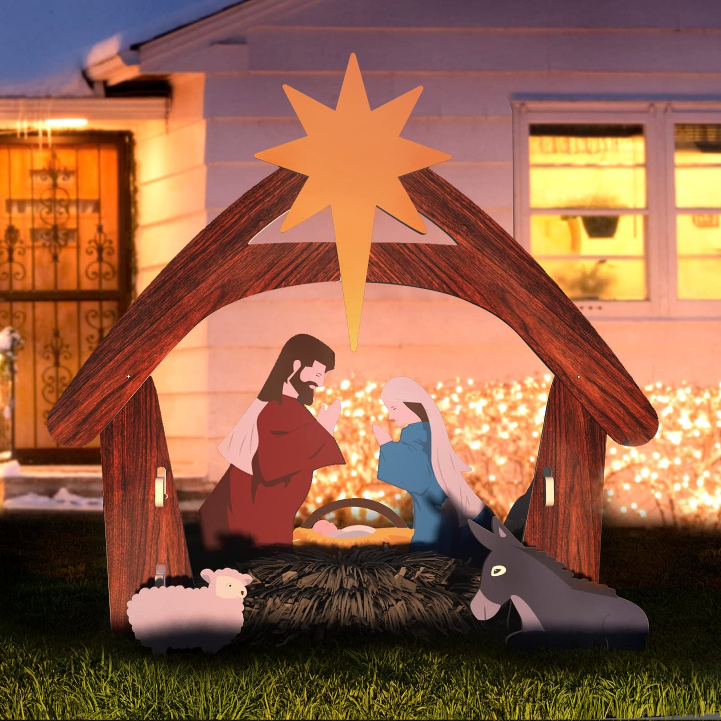 Outdoor Christmas Nativity Display Stand Weather Resistant PVC With Joseph Mary Baby Jesus Animals For Home