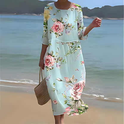Women's Dress - Floral Midi - Light And Airy - 3/4 Sleeves - Round Neck