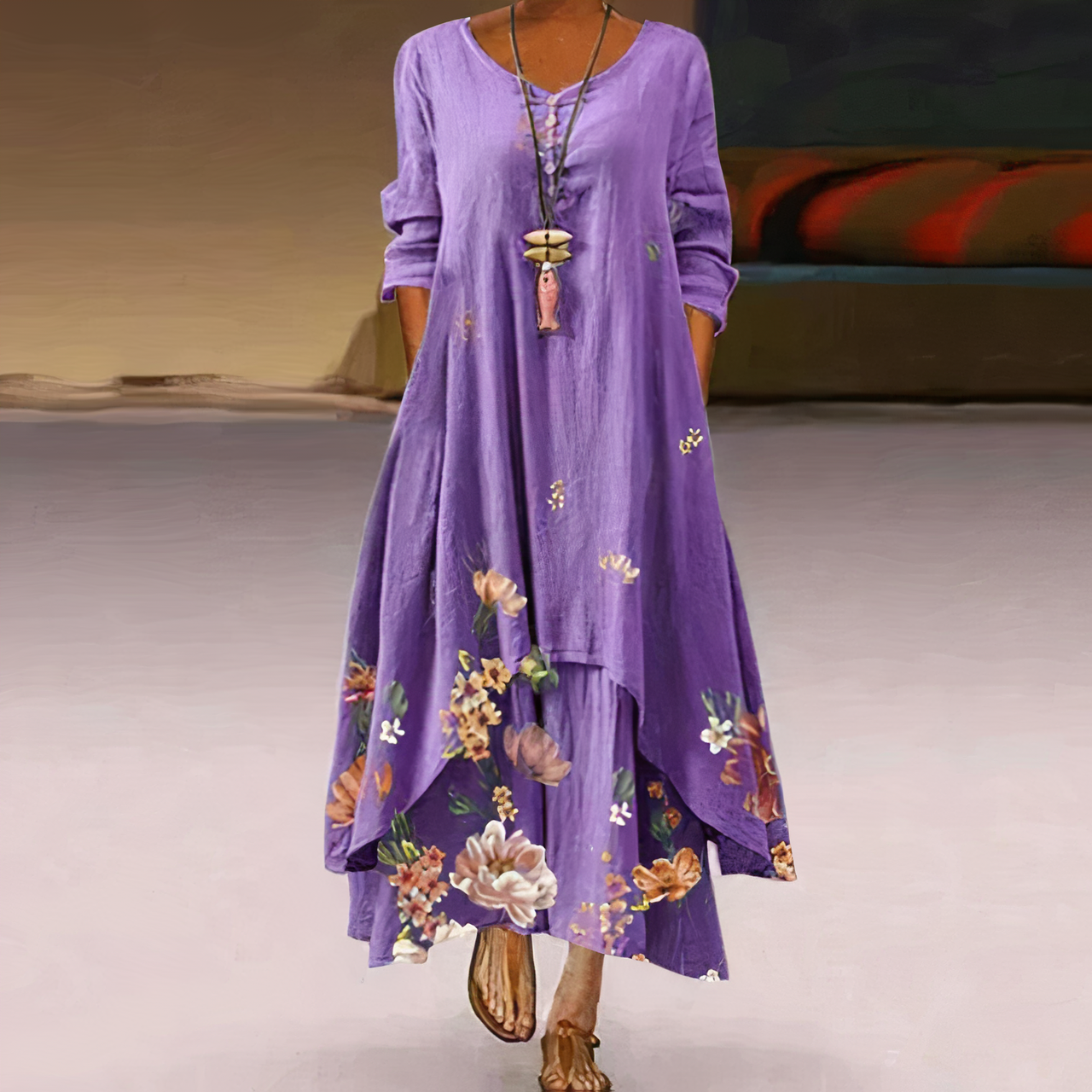 Mica Elegant Cotton Dress For Women With Pockets, Vintage Round Neckline, Long Sleeves