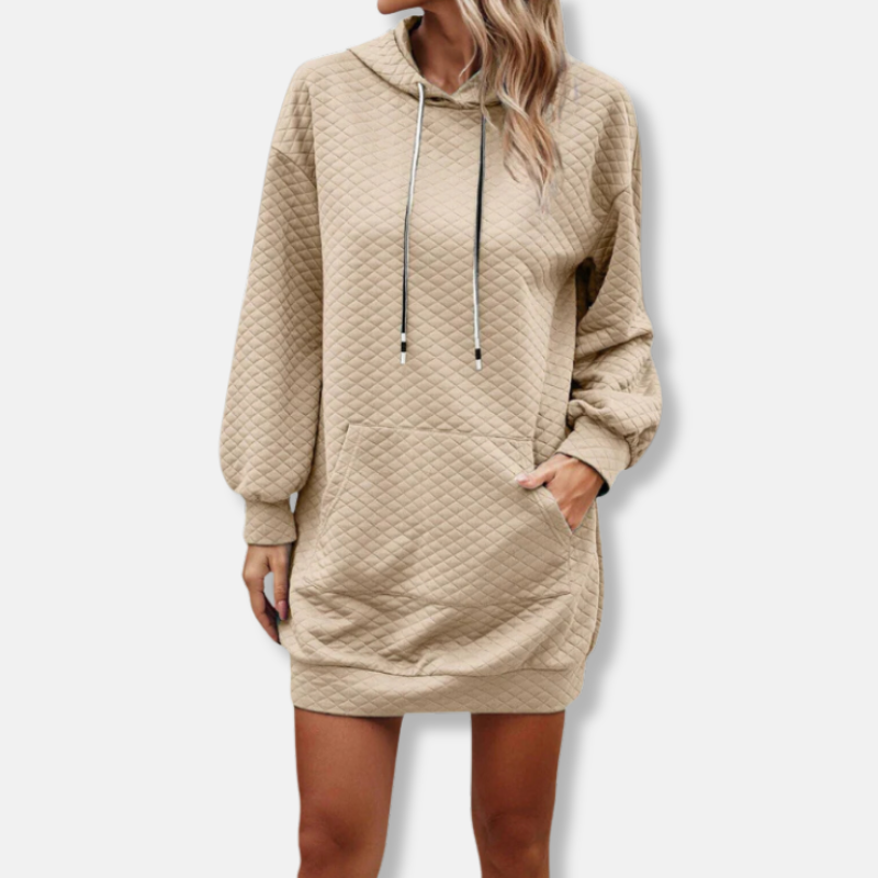 Women’s Hooded Mini Dress – Quilted Diamond Texture – Oversized Fit – Long Sleeve Pocket