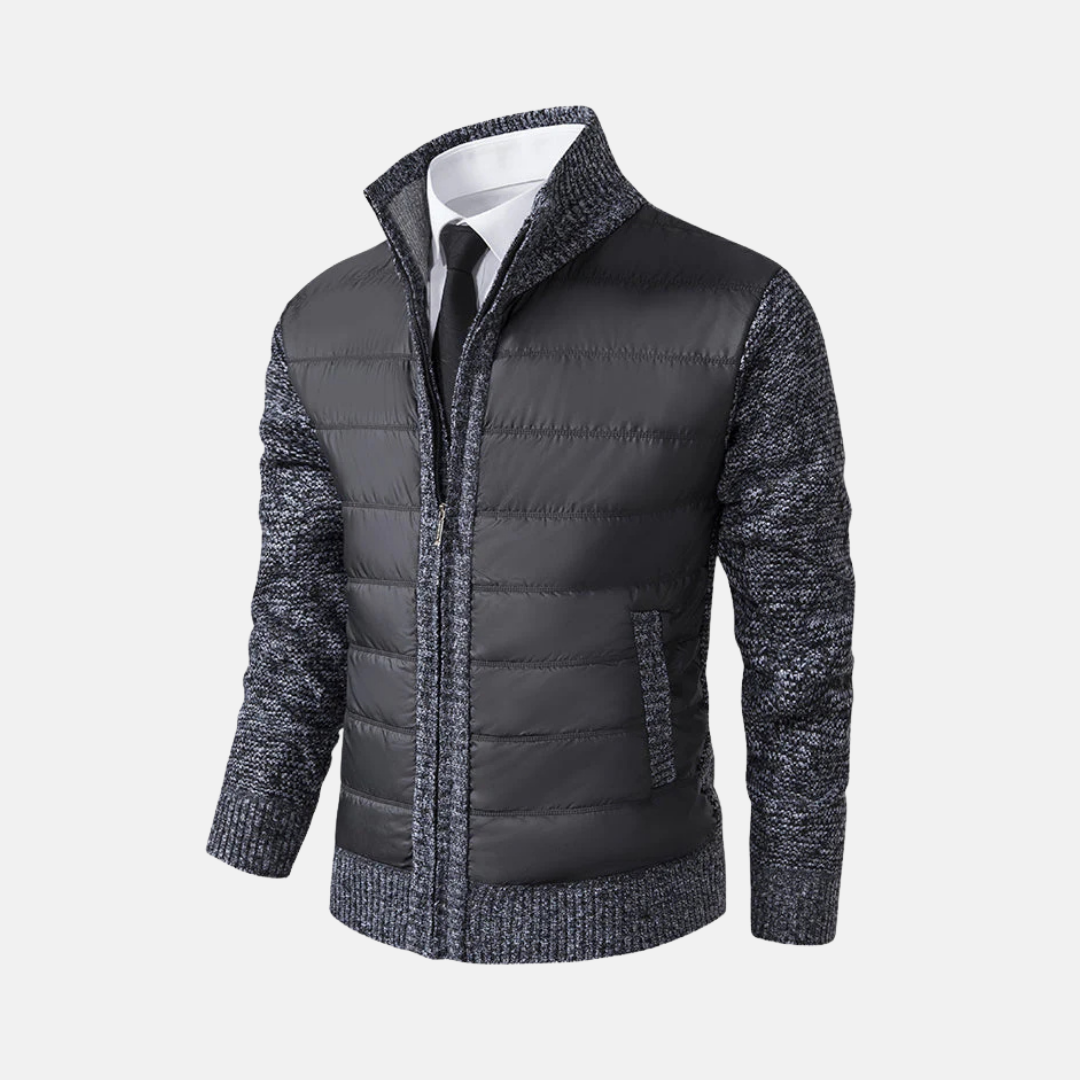 Men's Acrylic Blend Slim Fit Jacket With Stand Collar And Knitted Sleeves For Modern Style