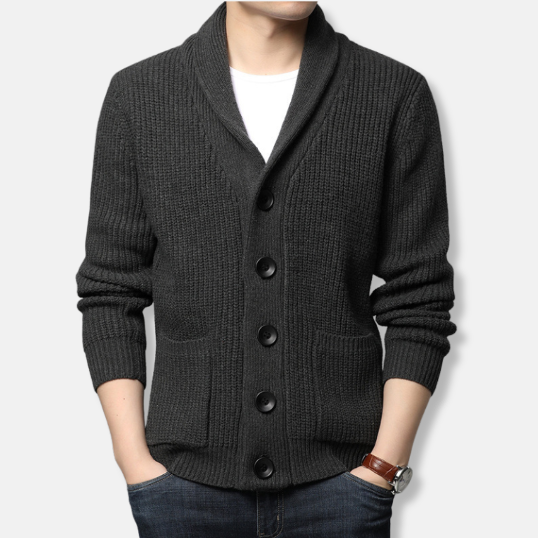 Men's Cardigan Sweater Ribbed Knit With Shawl Collar And Button Front Patch Pockets