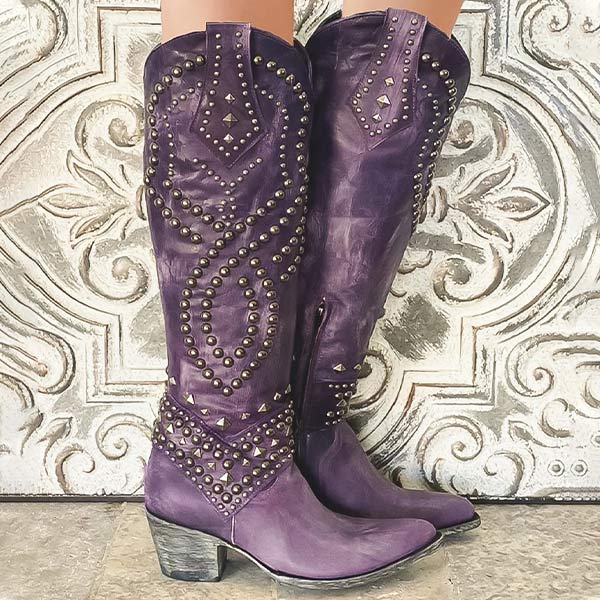 Women's boots with studs up to the knee | block heel
