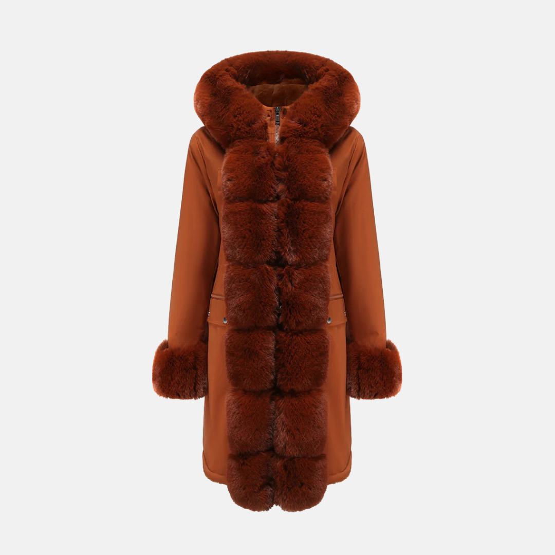 Women’s Long Coat – Regular Fit – Faux Fur Hood and Cuffs – Full Length – Zipper Closure