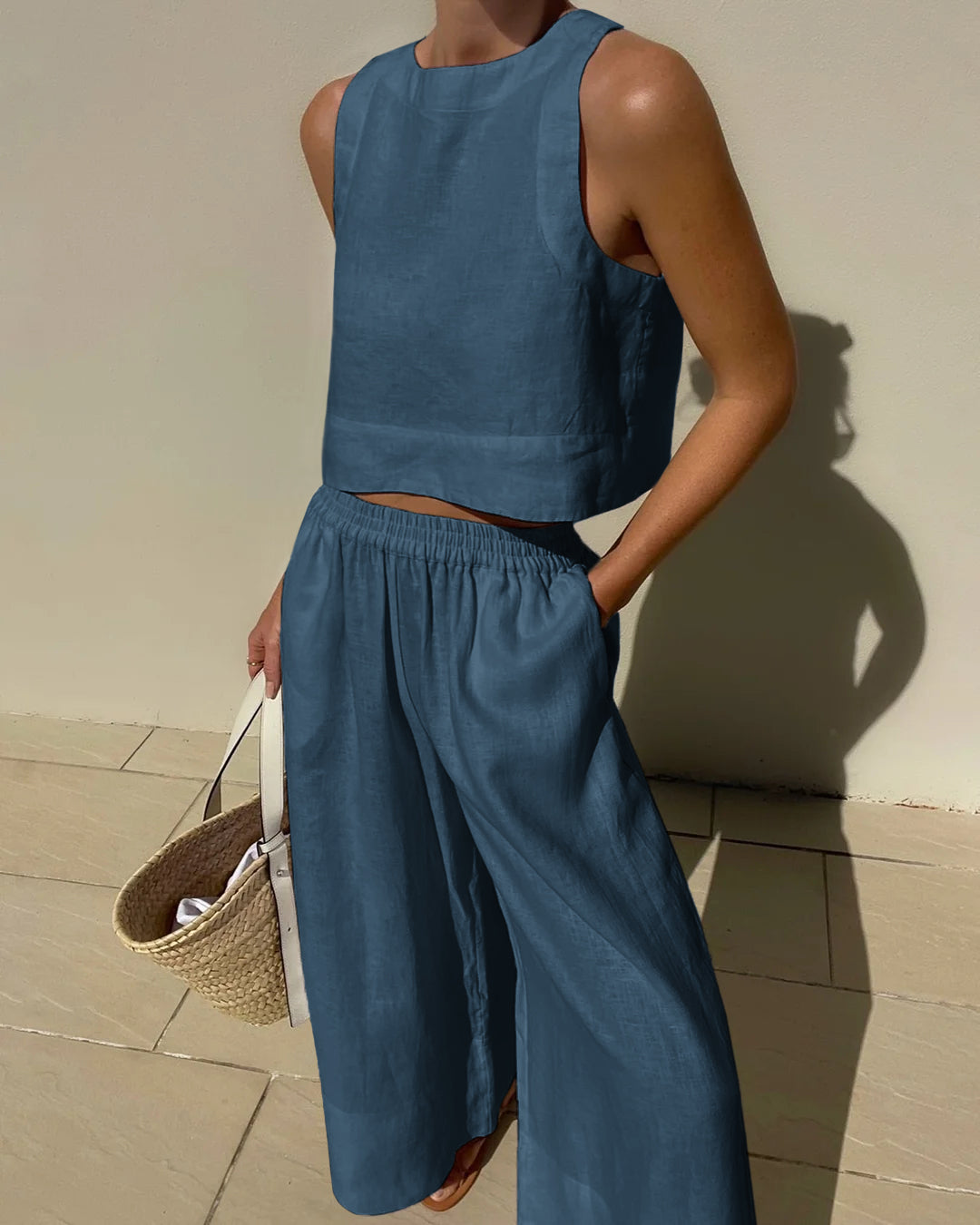 Joza Airy Linen Set For Women Breathable Crop Top And Wide Leg Pants Stylish Summer Outfit