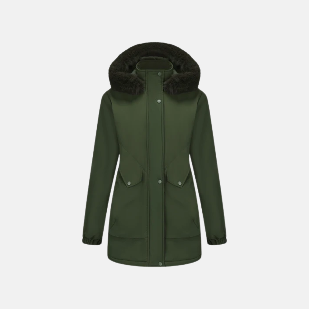 Women’s Parka Jacket – Mid-Length Fit – Faux Fur Hood – Adjustable Waist – Snap Closure