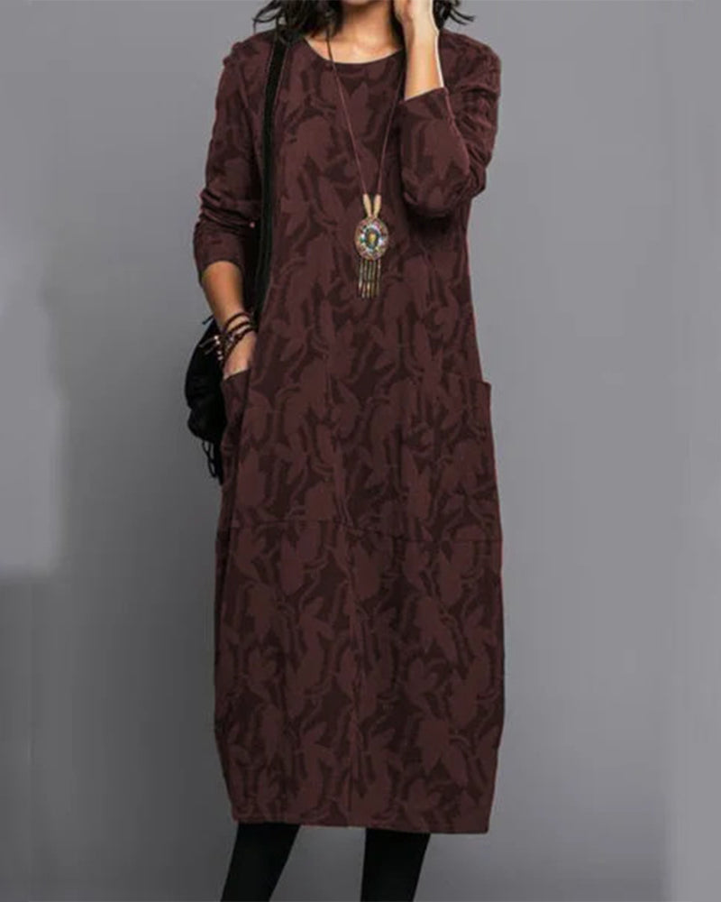 Women's Casual Long Sleeve Midi Dress with Pockets – Elegant Everyday Look for Autumn and Winter