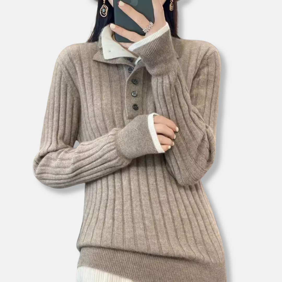 Women’s Pullover Sweater - Ribbed Knit - Polo Collar - Four-Button Placket