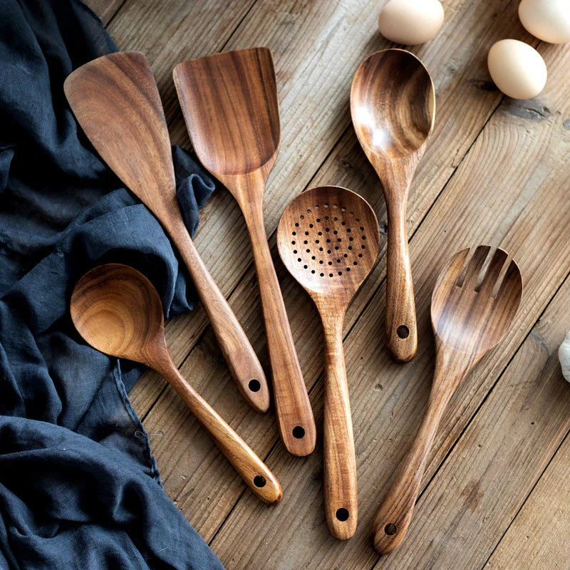 Rustic Wooden Kitchen Utensil Set with Holder - TrendAura