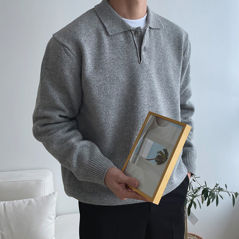 Knitted Polo Collar Sweater Unisex Plush Soft Knit Loose Fit All Day Comfort Cozy Versatile Wardrobe Essential