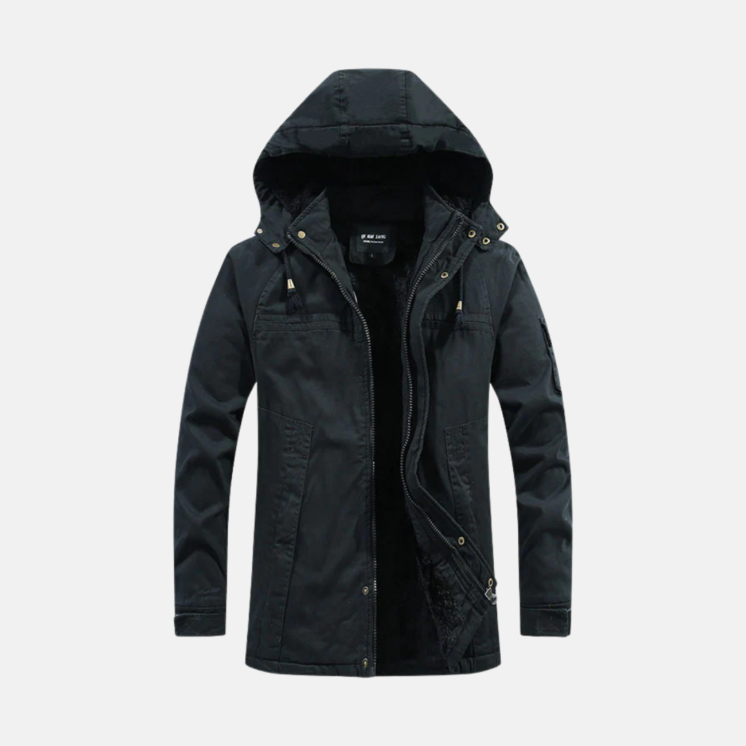 TrendAura Men's Hooded Coat With Sherpa Lining And Utility Pockets Relaxed Fit For Outdoor Warmth