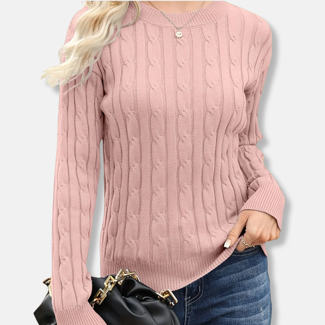 Women’s Sweater - Fine Gauge Knit - Crew Neck - Long Sleeve - Cable Knit Pattern