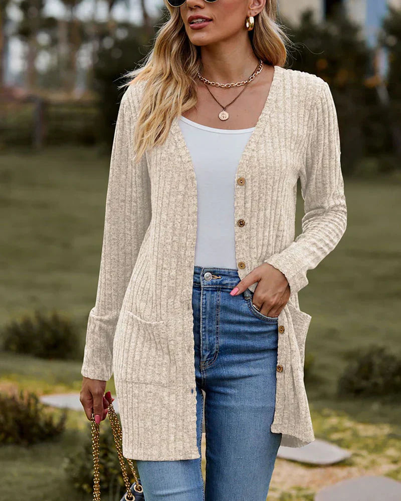 Women’s Cardigan – Relaxed Fit – Ribbed Knit – Button Front – Mid-Thigh – Pockets