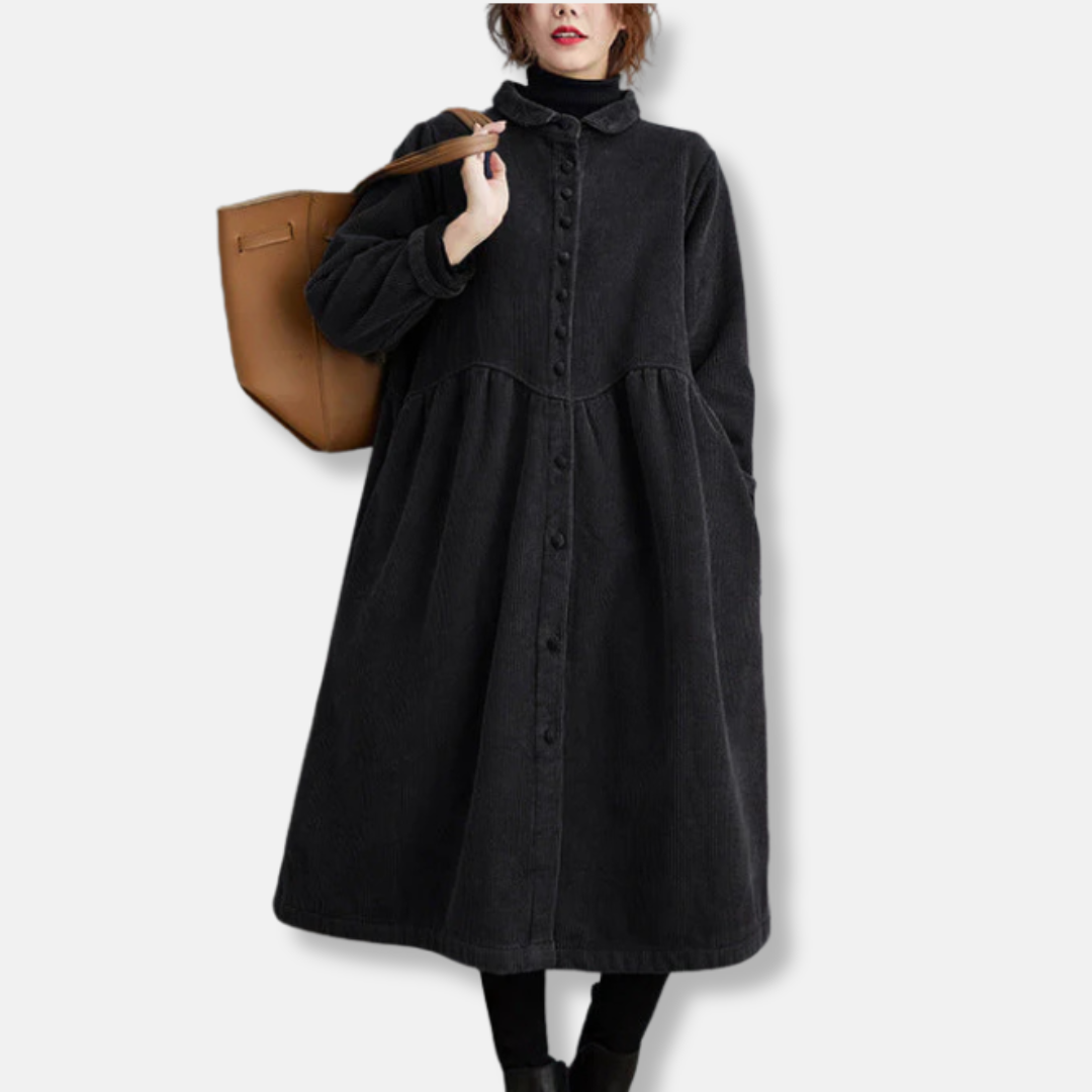 Women’s Long Coat – Corduroy Texture – A-Line Loose Fit – High Neck – Button Front – Midi Length