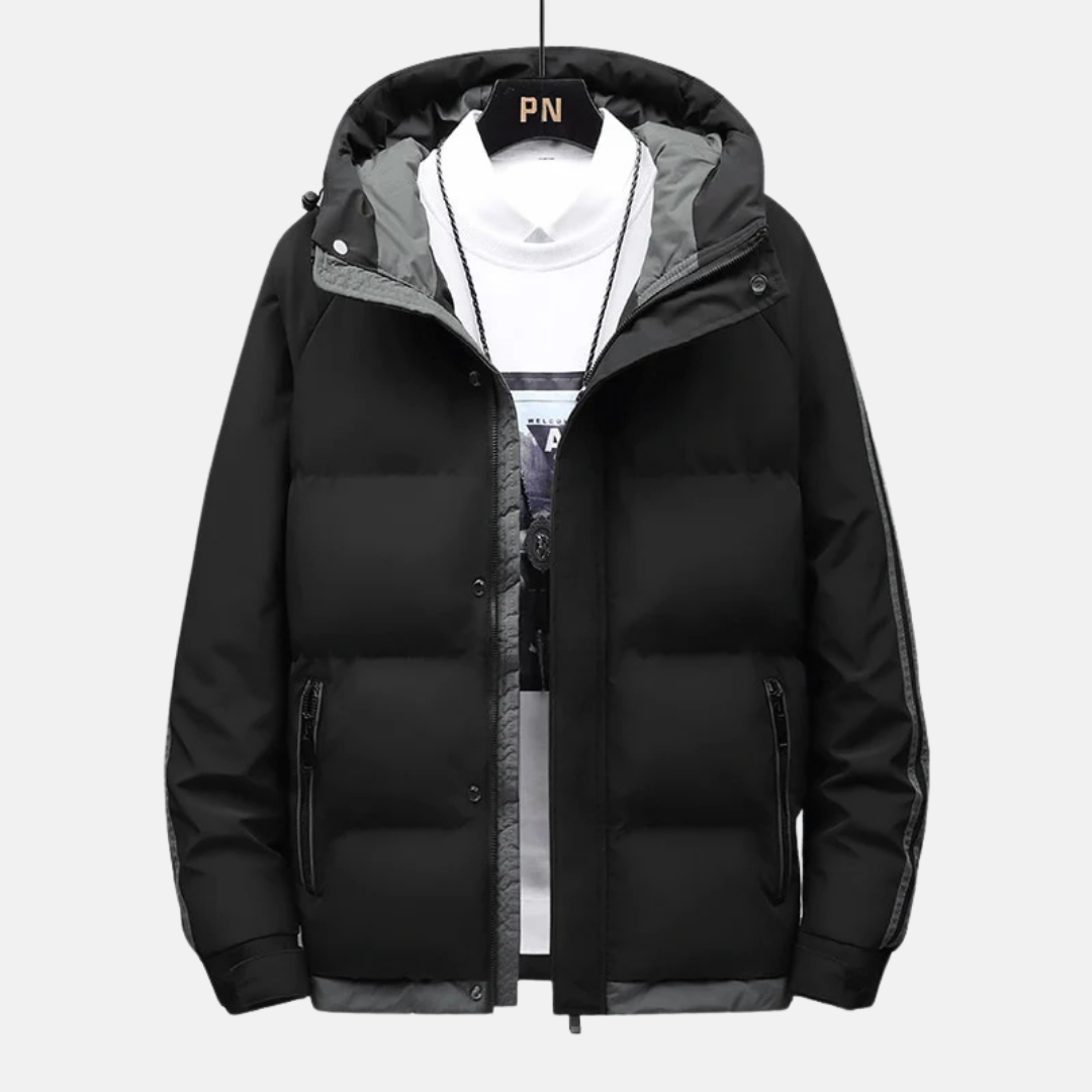 Men's Woven Blend Puffer Jacket With Fixed Hood Hip Length And Adjustable Cuffs For Winter