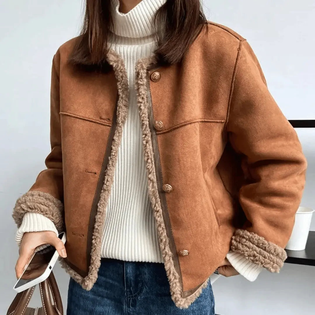 Evelyn Montclair Sherpa Edge Suede Jacket With Luxurious Shearling Lining For Bold Women Who Crave Comfort And Style