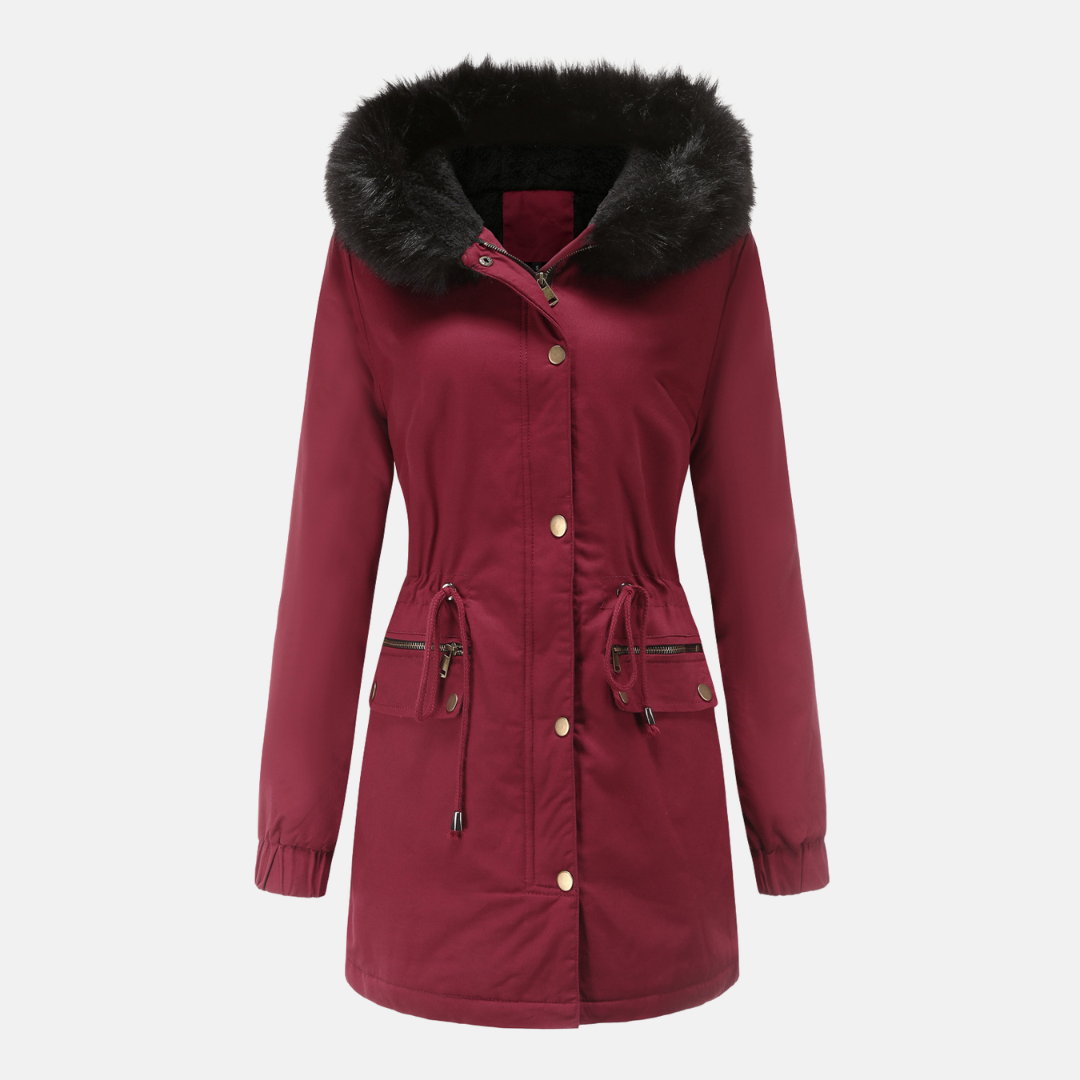 Women’s Parka Jacket – Longline Fit – Faux Fur Hood – Adjustable Waist – Weather Resistant