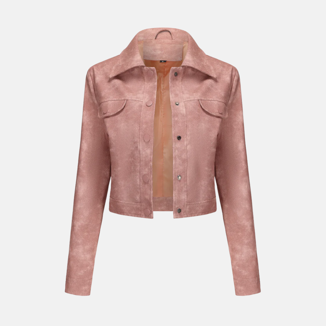 Women’s Cropped Jacket – Structured Fit – Woven Texture – Snap Front – Point Collar