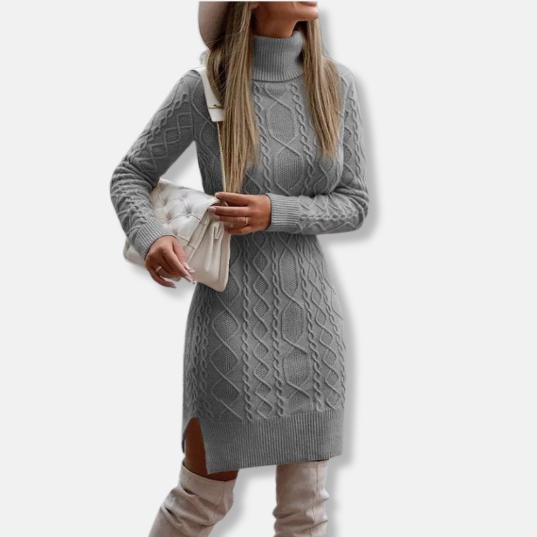 Women’s Mini Dress – Slim Fit – Wool Blend Knit – Turtleneck – Long Sleeve – Side Slit