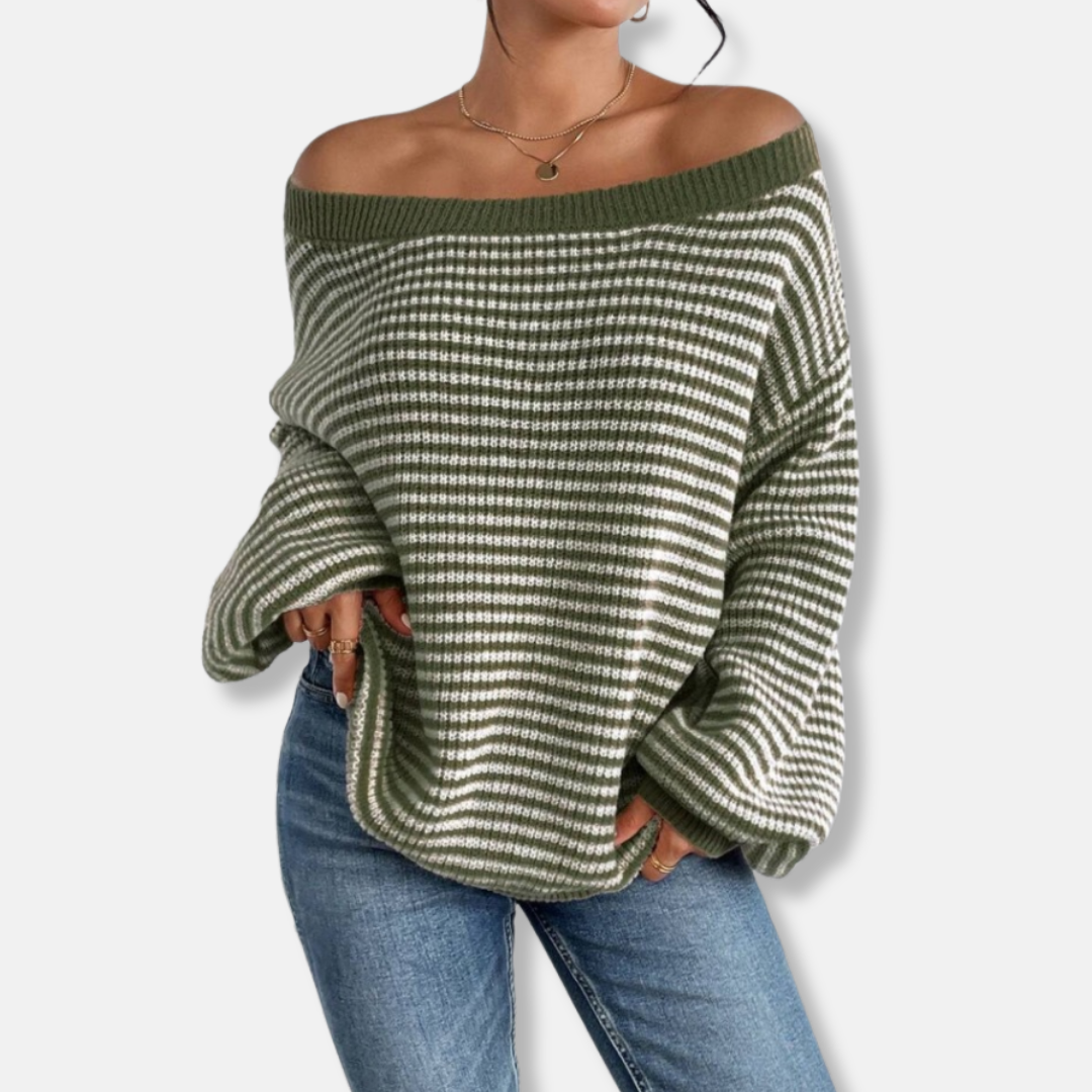Women’s Sweater - Knitted - Boat Neckline - Lantern Sleeve